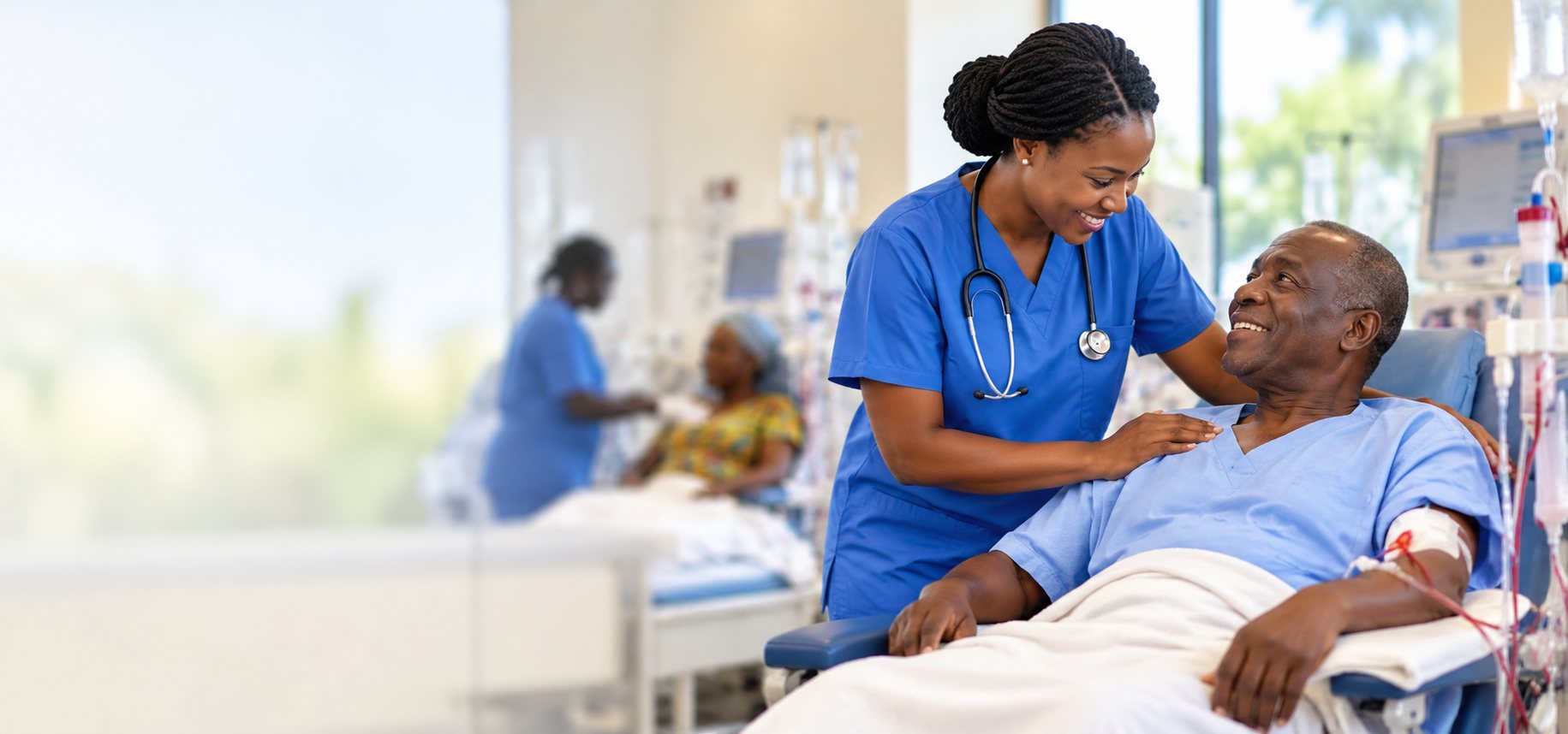 A nurse caring for a patient during dialysis treatment