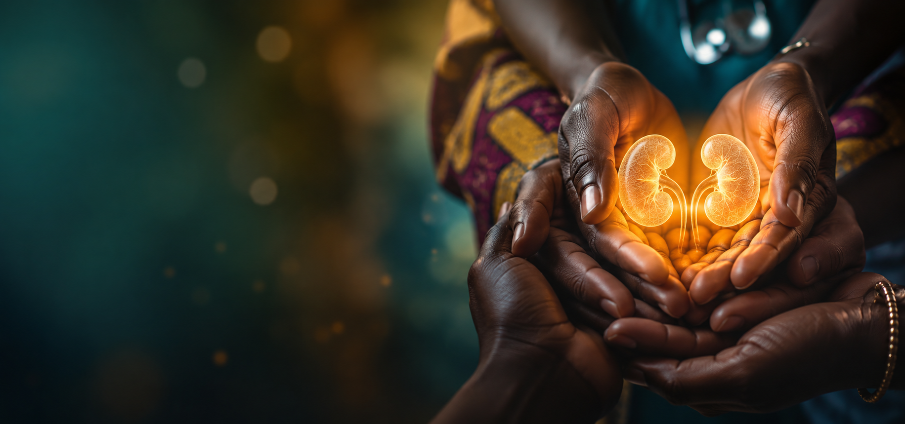 Hands holding glowing kidneys - hope and healing